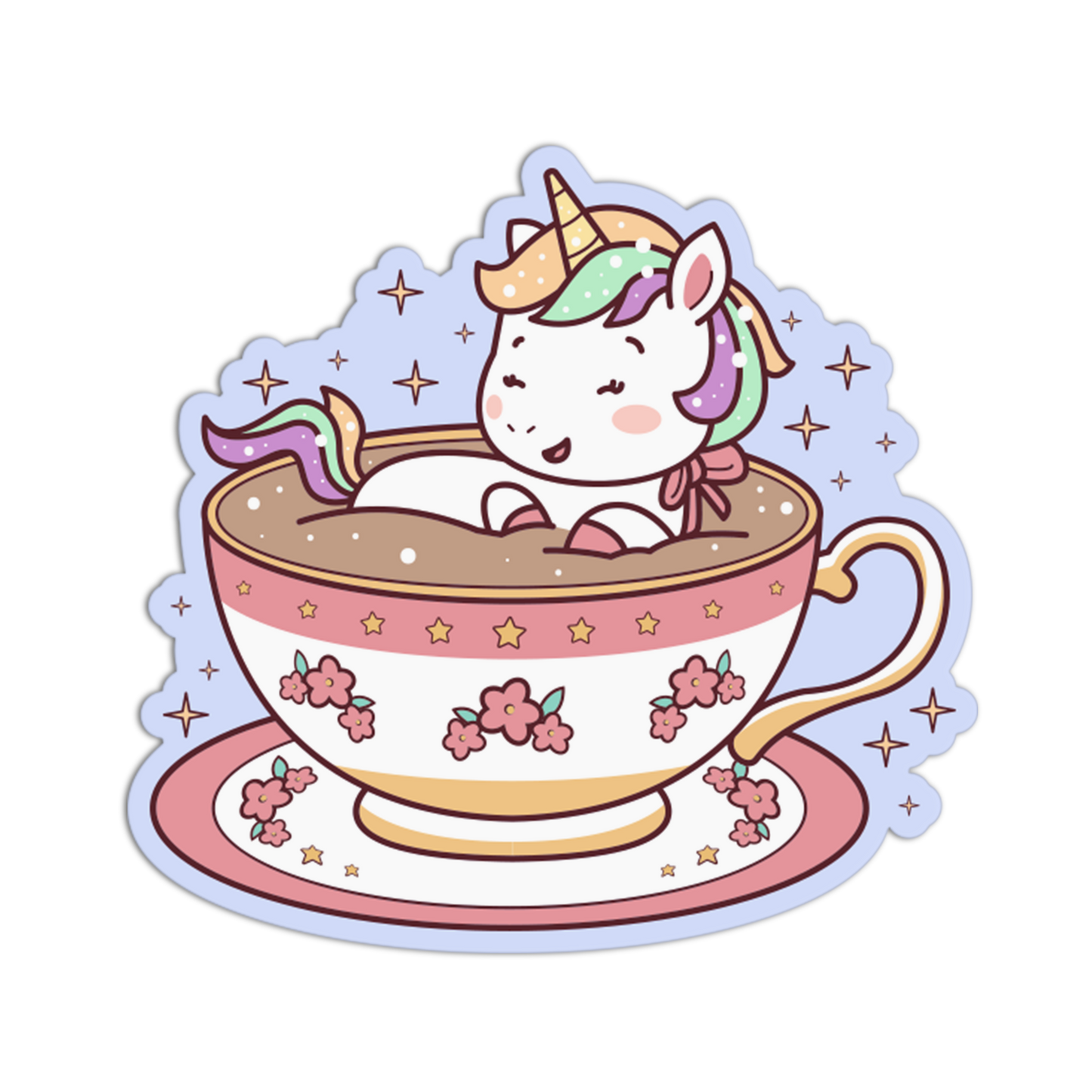 Cartoon unicorn in a teacup with floral design on a white background