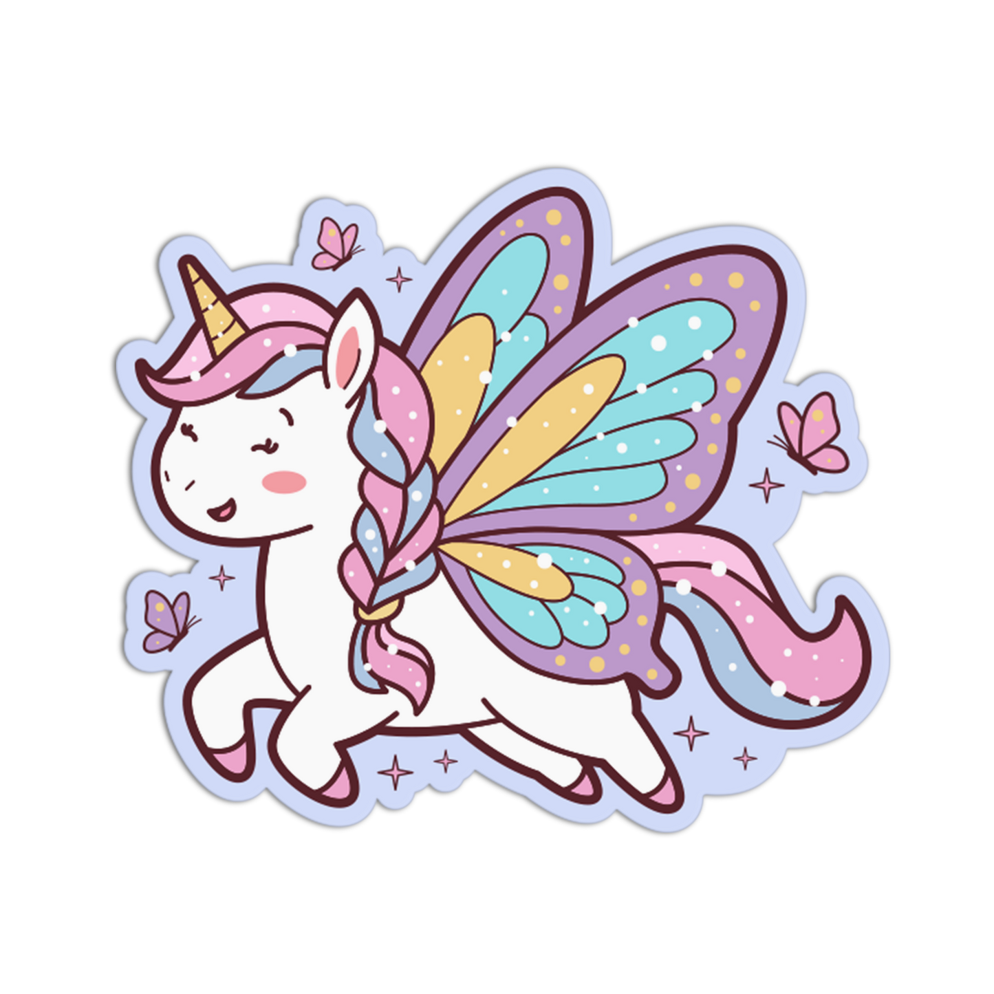 Cartoon unicorn with butterfly wings on a white background
