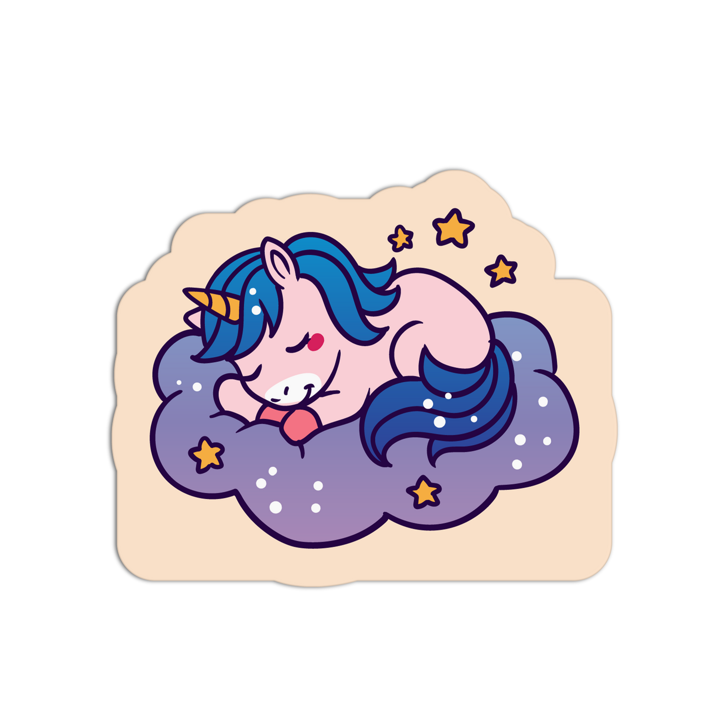 Sticker of a unicorn with blue hair and stars on a cloud, on a beige border.