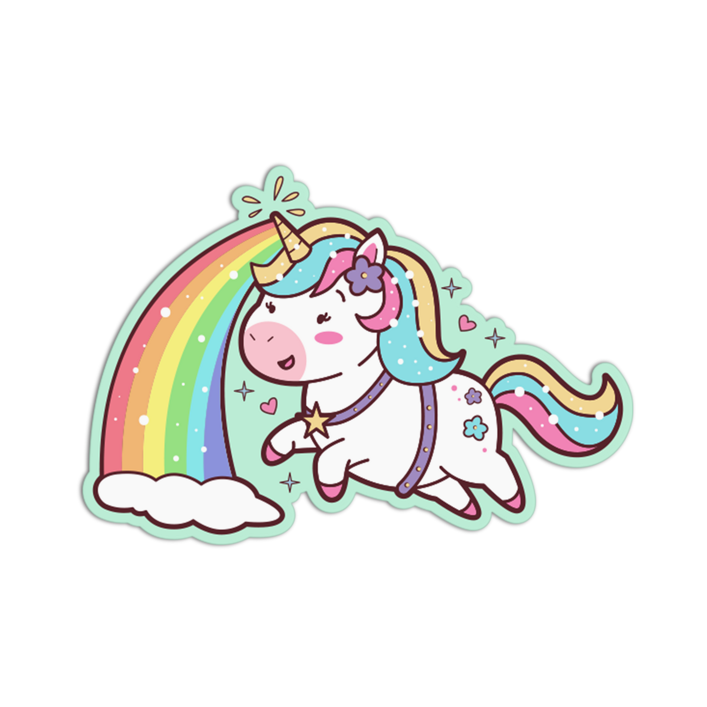 Cartoon unicorn with rainbow and stars on a white background