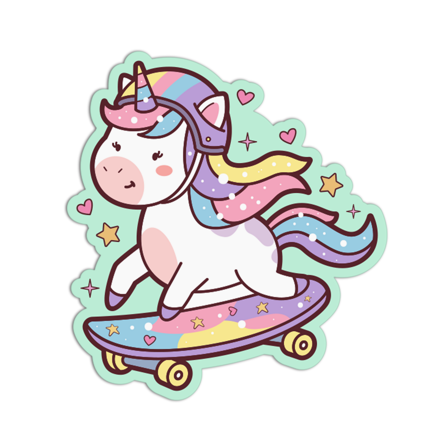 Cartoon unicorn on a skateboard with pastel colors and star decorations.