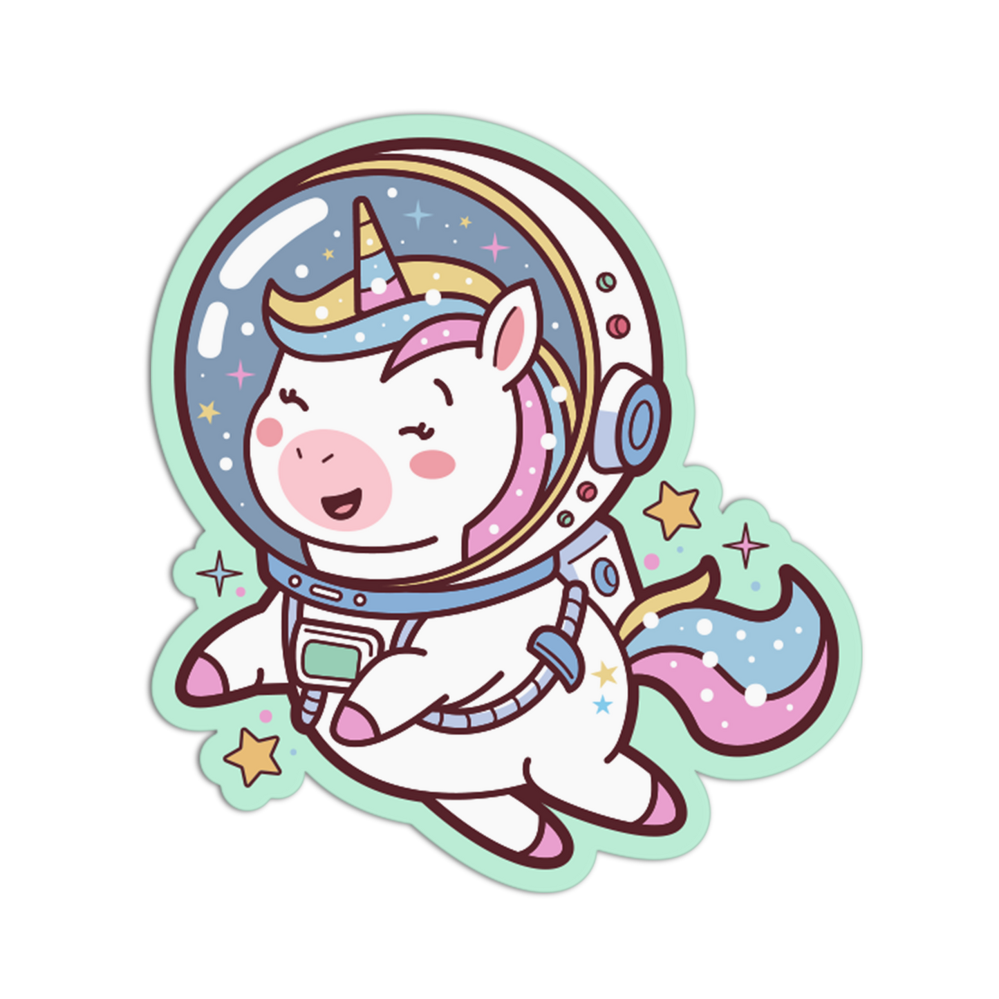 Cartoon unicorn in an astronaut suit with a space helmet on a white background