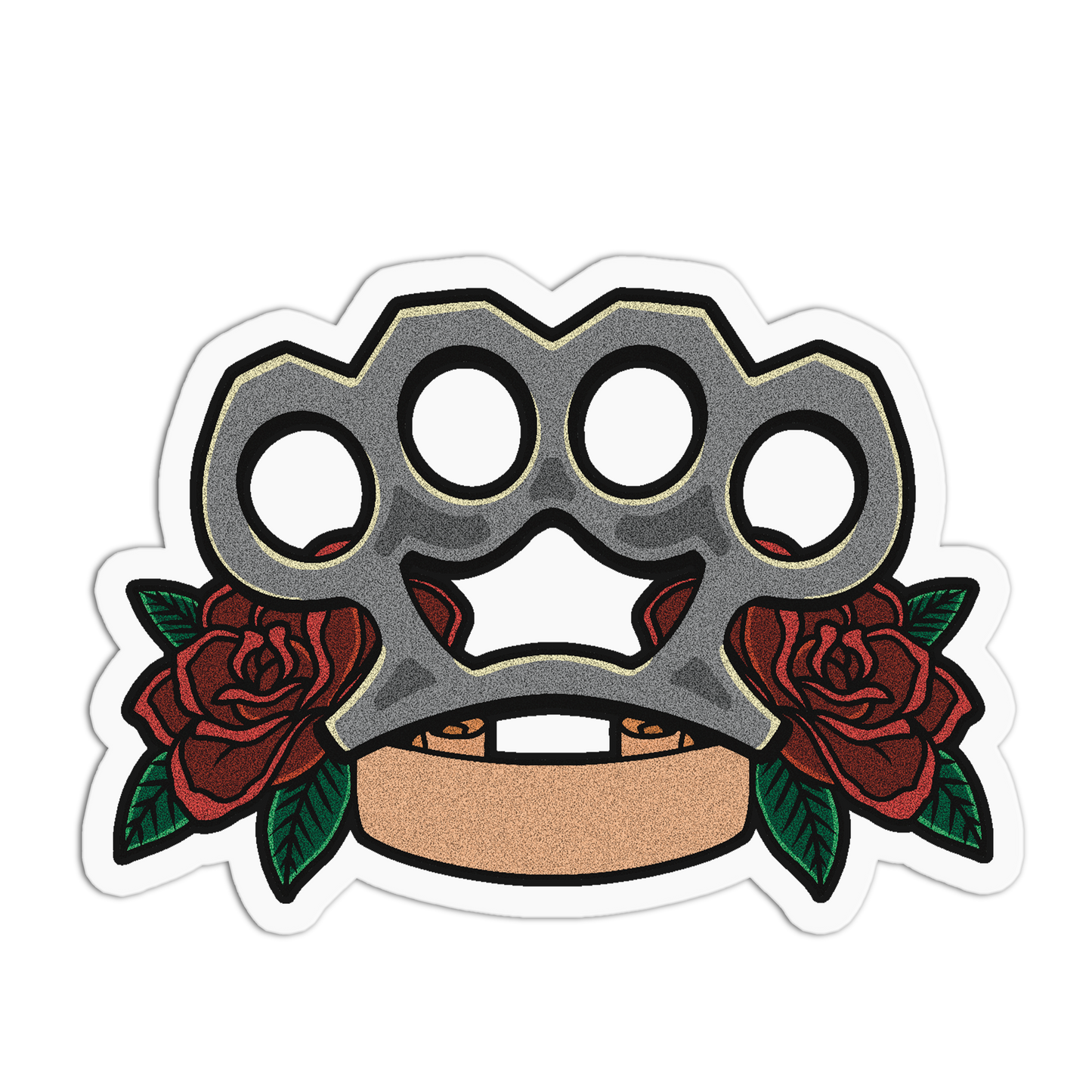 A die-cut vinyl sticker featuring a metallic brass knuckle design with red roses and green leaves on a white background.