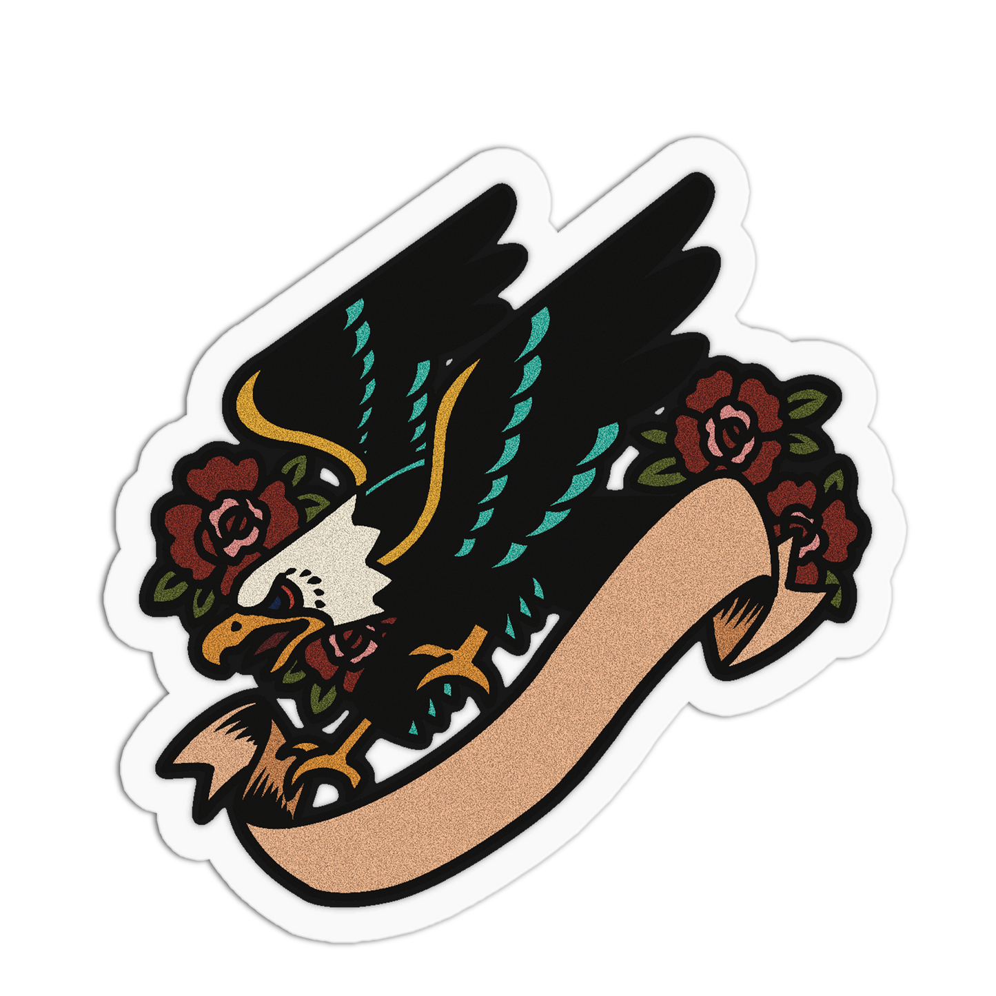 A die-cut sticker featuring a traditional tattoo-style bald eagle with black wings, teal feather accents, red roses, and a blank tan banner on a white background.