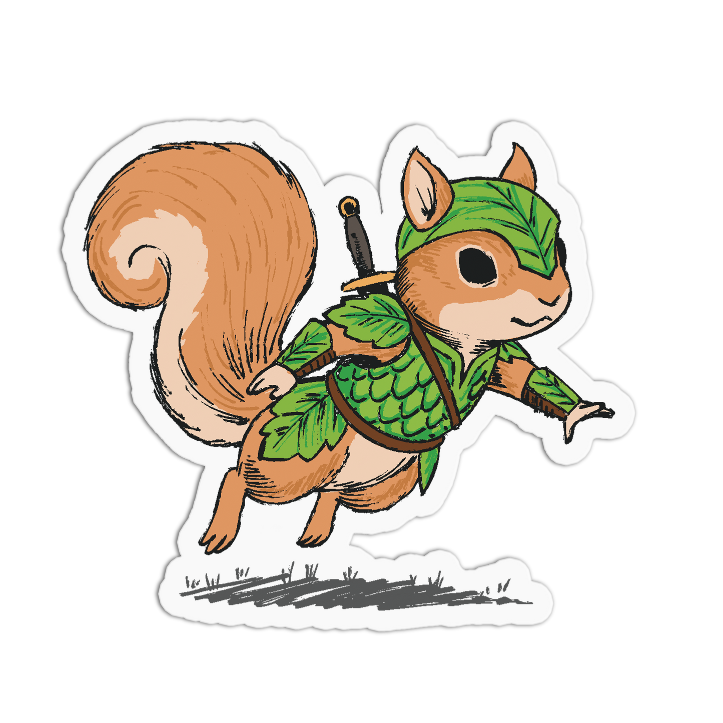 Illustration of a squirrel character in green leafy outfit with a sword on a white background