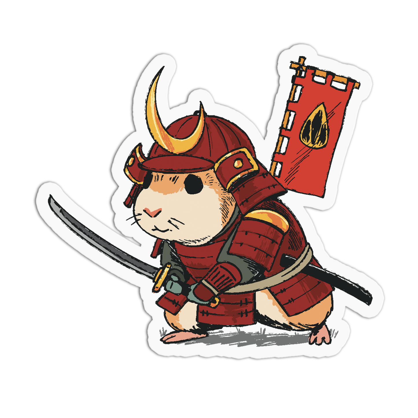Sticker of a hamster in samurai armor with a spear and flag on a white background