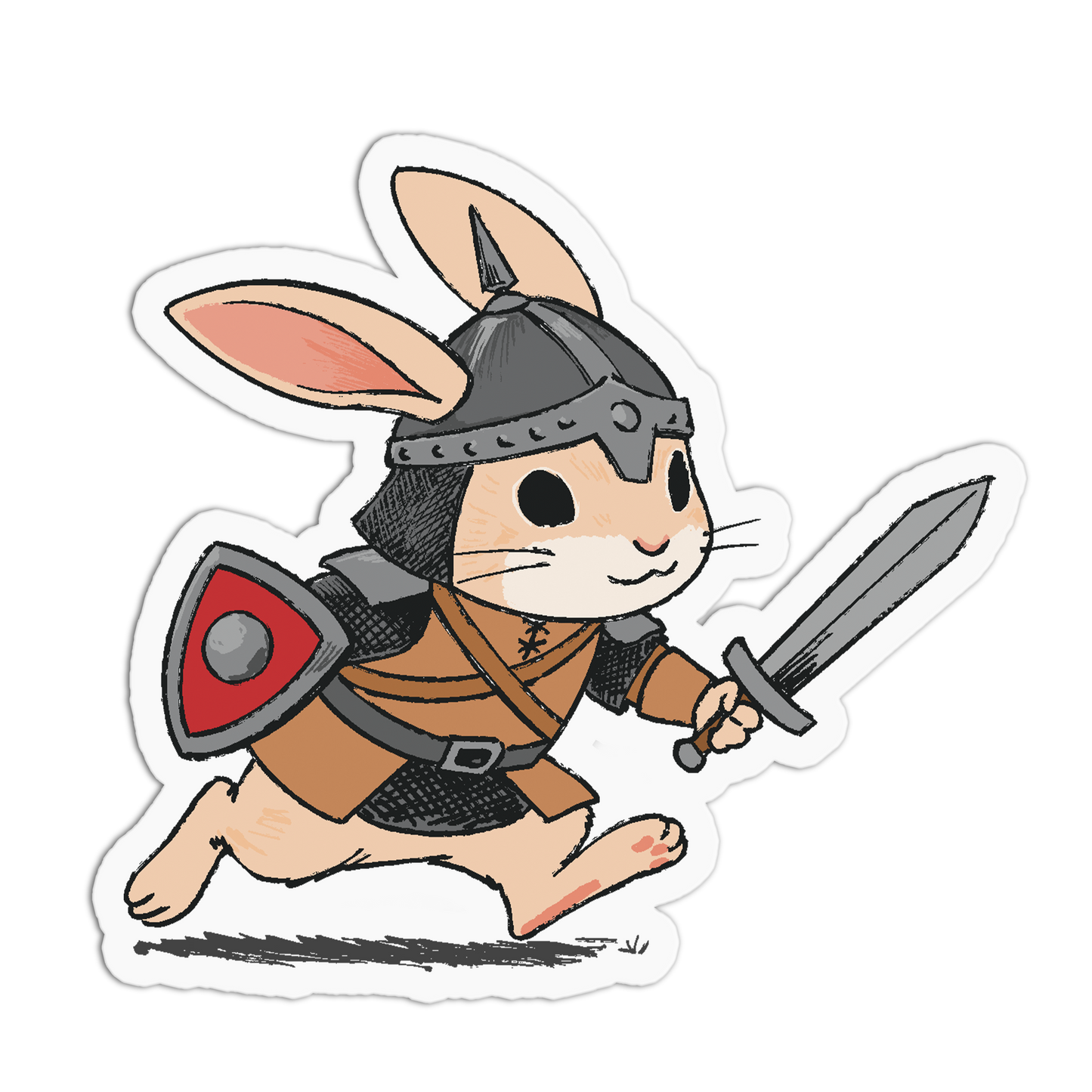 Cartoon rabbit in warrior costume with helmet, shield, and sword on a white background