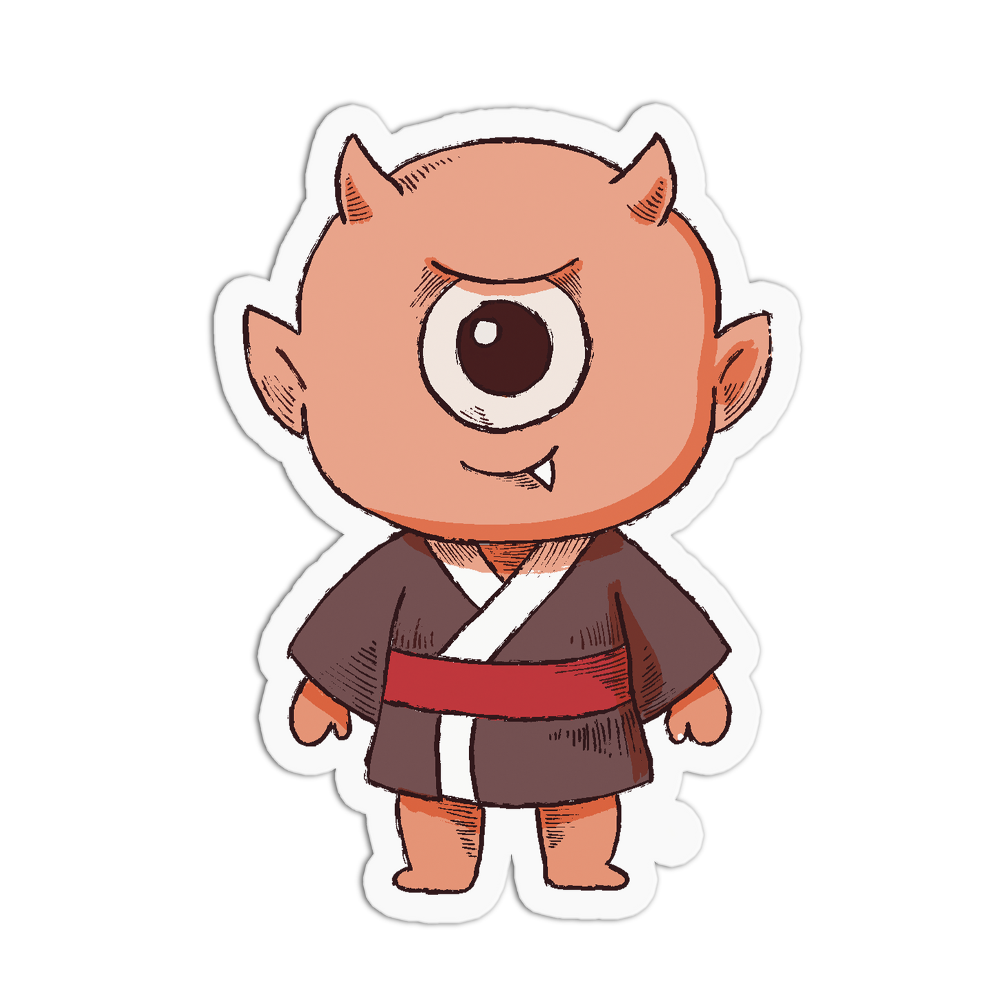 Cartoon character with large eye and horns wearing a kimono on a white background
