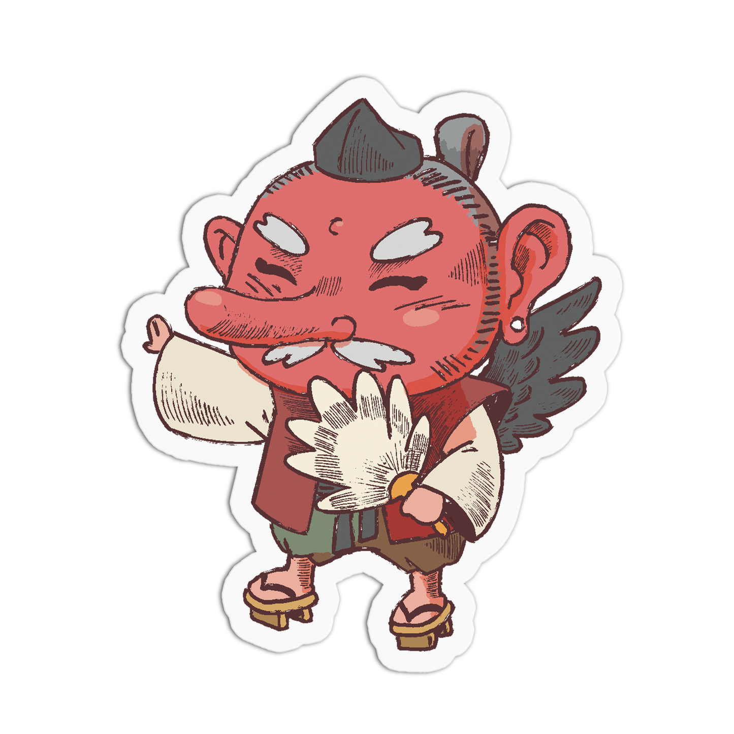Cartoon character with red face, large ears, and wings on a white background