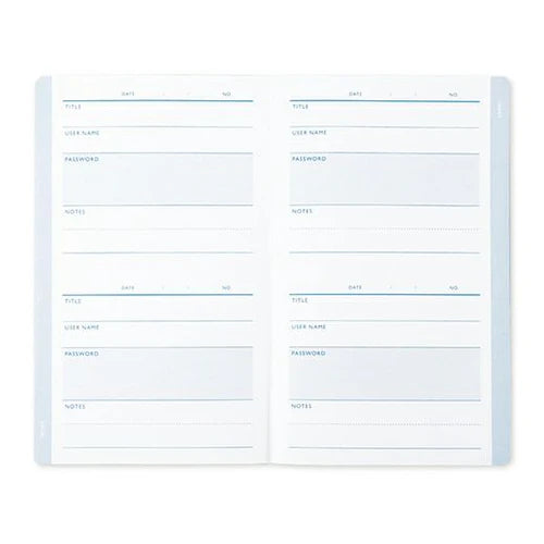 Password manager organizer with compartments for user name, password, and notes on a white background