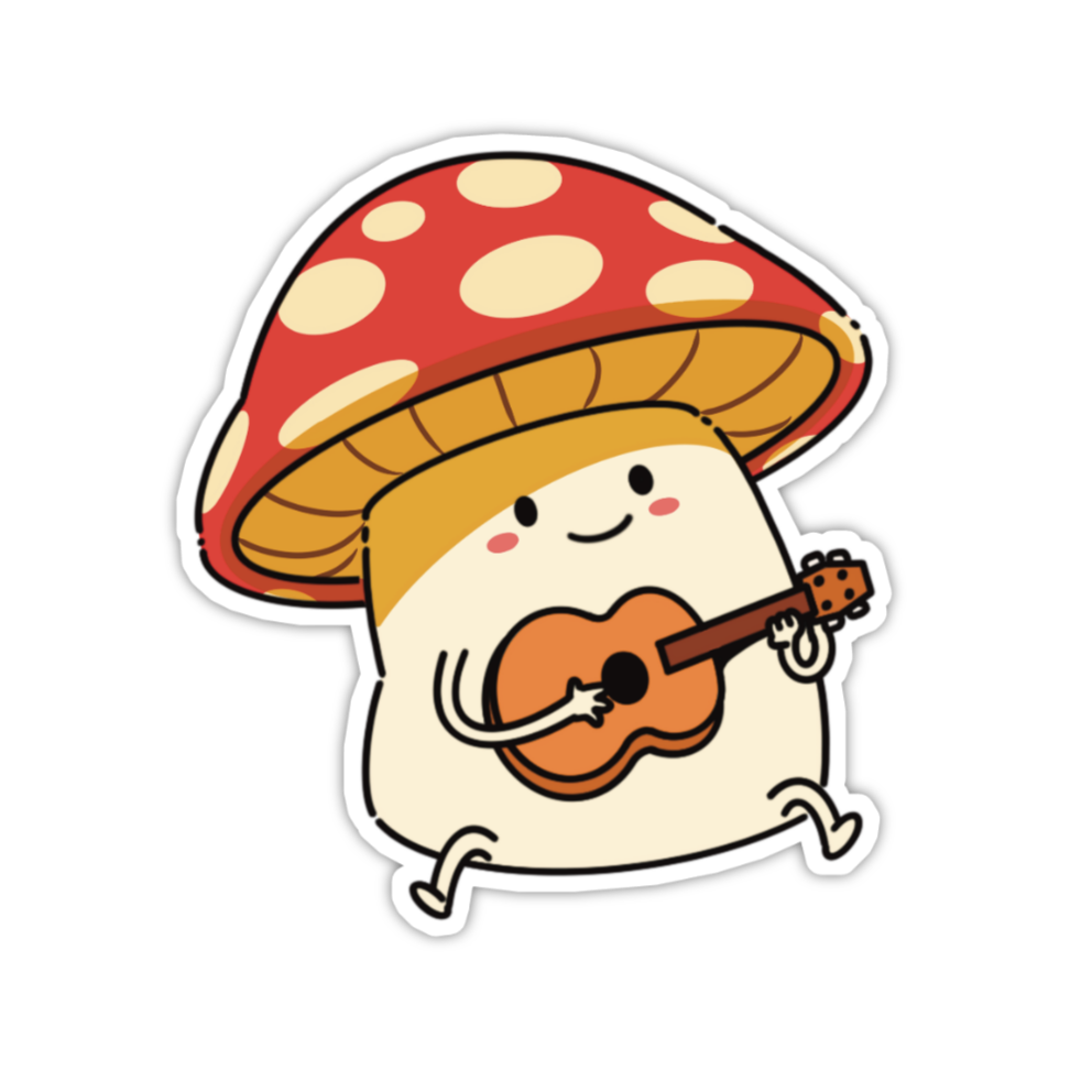 Cartoon mushroom character with a red cap and guitar on a white background