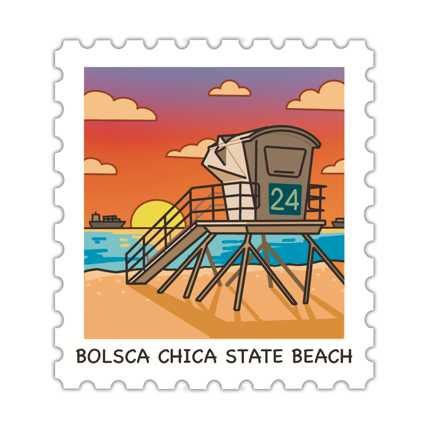 Illustration of a lifeguard stand on a beach with a sunset, labeled 'Bolsca Chica State Beach'.