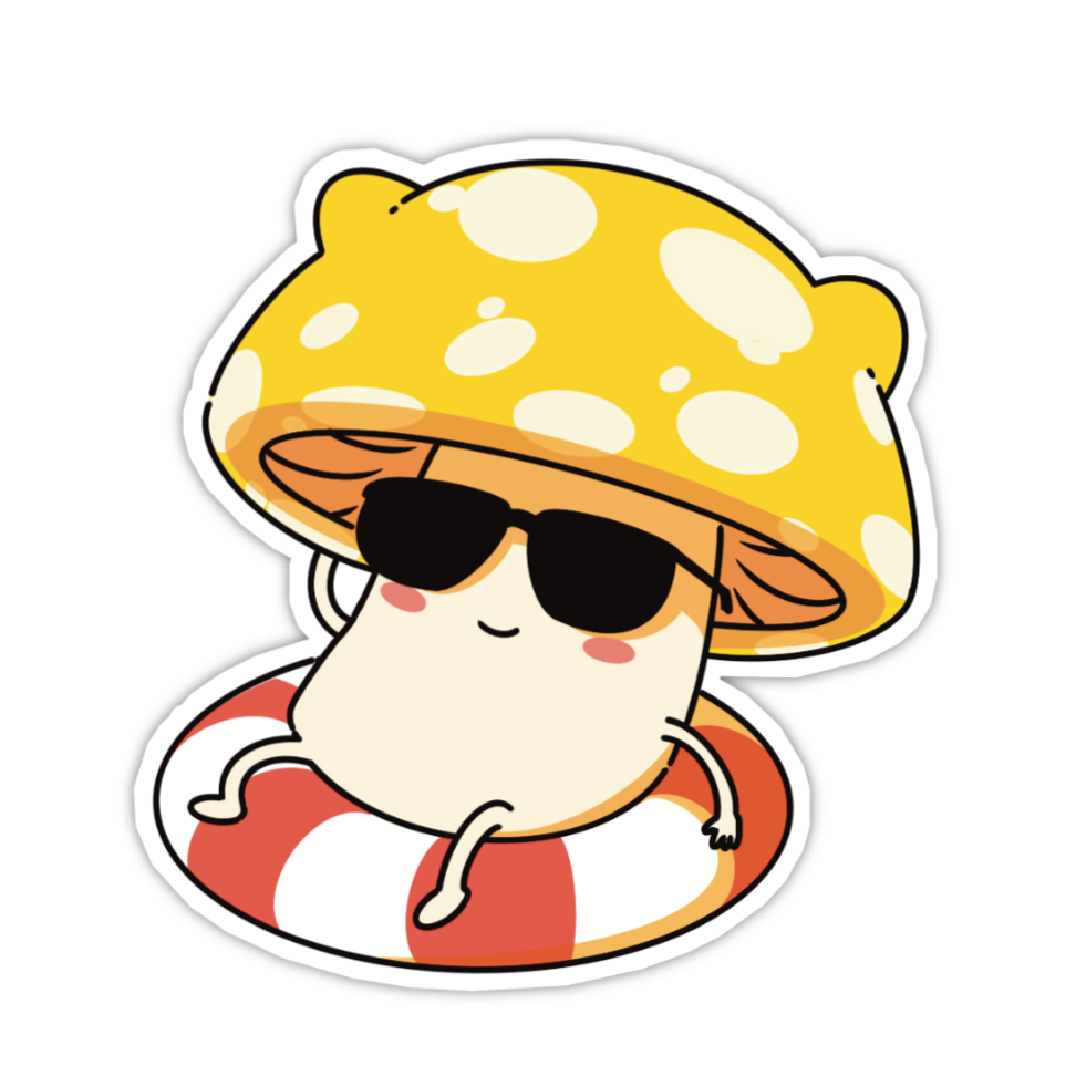 Cartoon character wearing a yellow sun hat with white spots, sunglasses, and a red and white striped swimsuit on a white background.