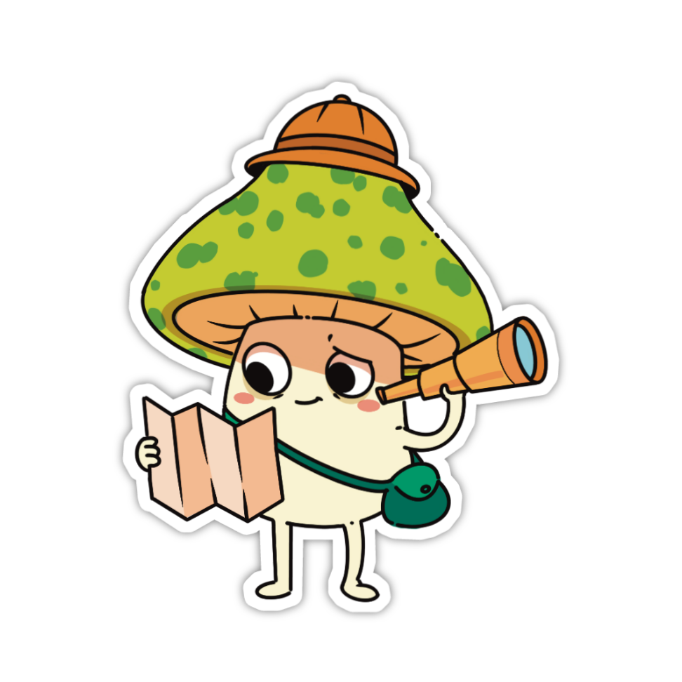 Cartoon character with a green hat and explorer gear on a white background