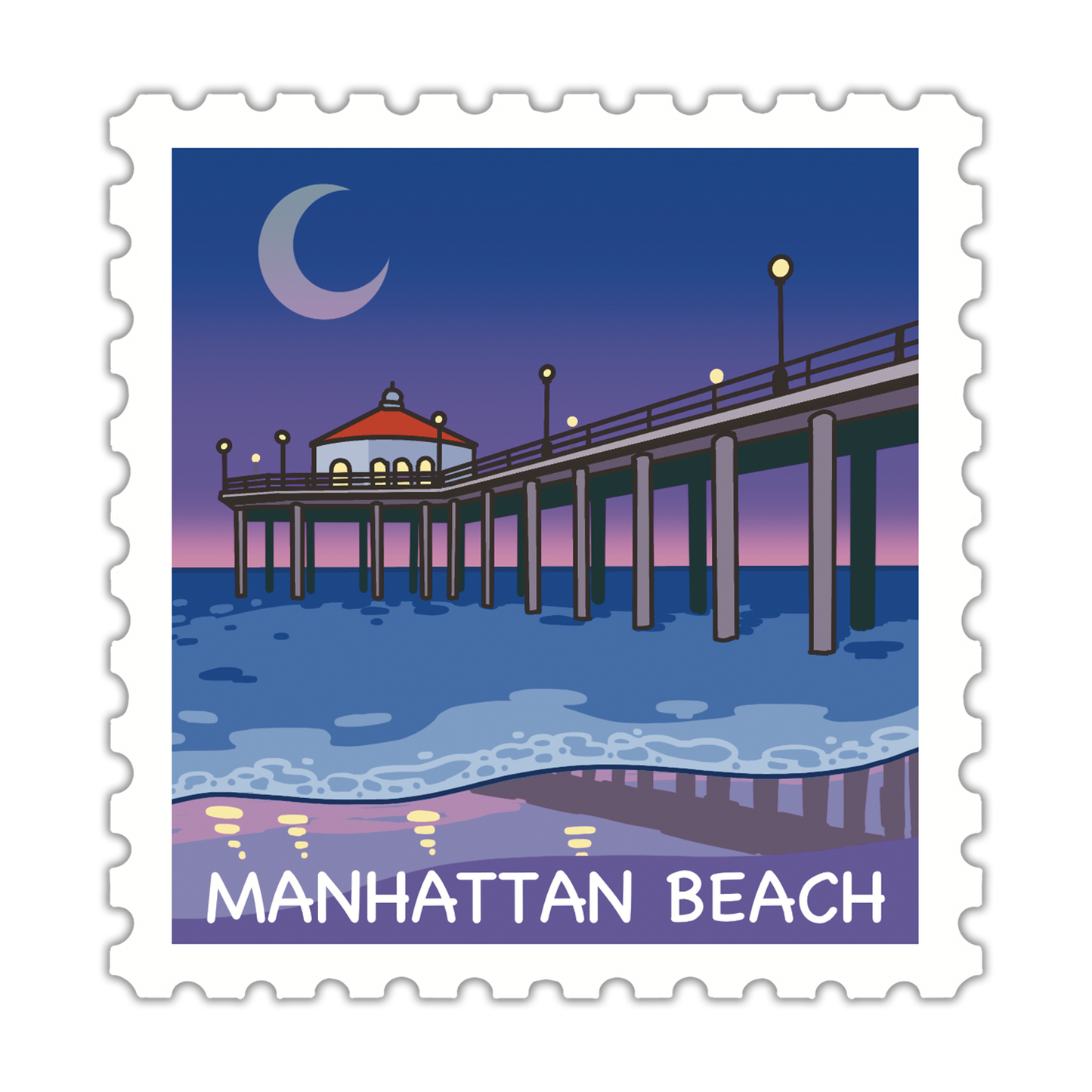 Manhattan Beach stamp design with a pier and moonlit sky.