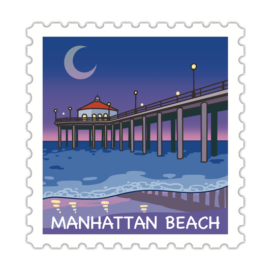 Manhattan Beach stamp design with a pier and moonlit sky.