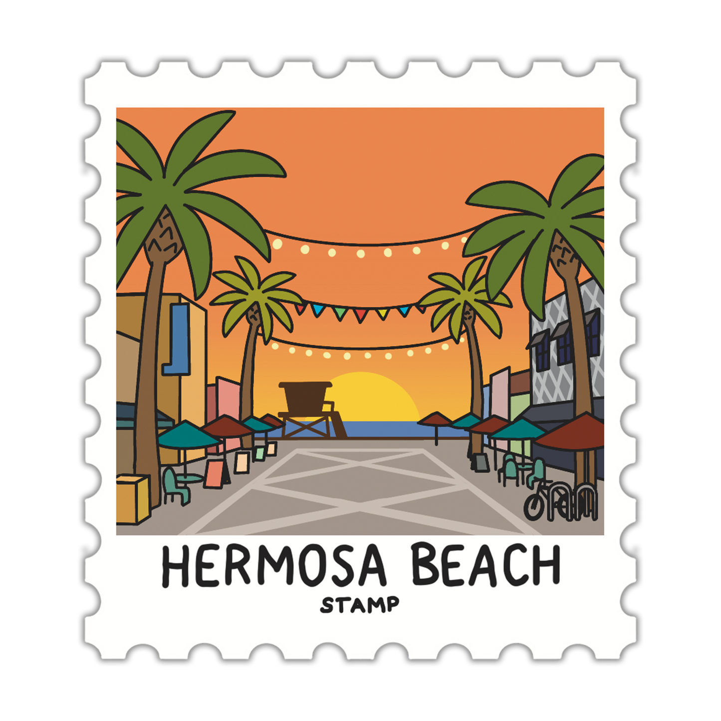 Illustration of a beach scene with palm trees and a sunset, labeled 'Hermosa Beach Stamp'.