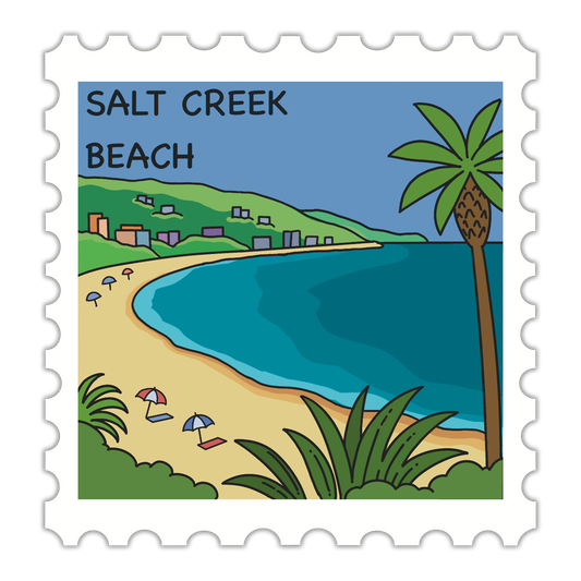 Illustration of Salt Creek Beach with a palm tree, beach, and buildings.