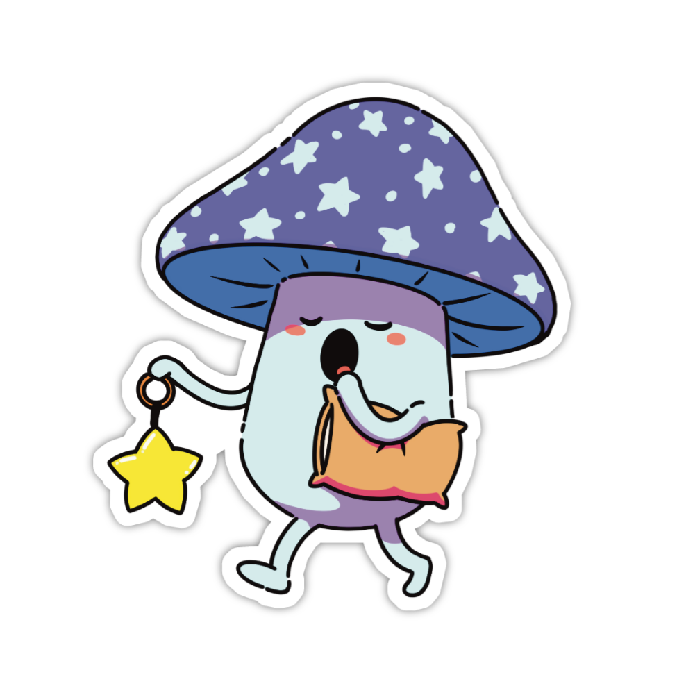 Cartoon character with a starry mushroom hat and holding a yellow star on a white background