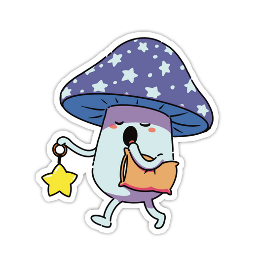 Cartoon character with a starry mushroom hat and holding a yellow star on a white background