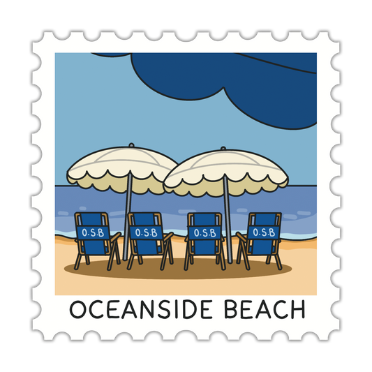 Illustration of beach chairs under umbrellas with 'Oceanside Beach' text on a stamp-like border.