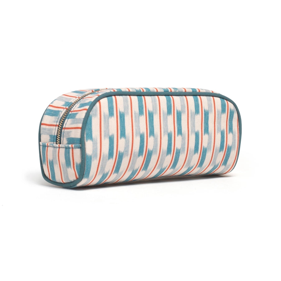  cylindrical pouch with blue and orange pattern on a white background