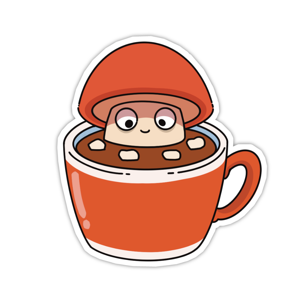 Cartoon mushroom character in a cup of hot chocolate on a white background