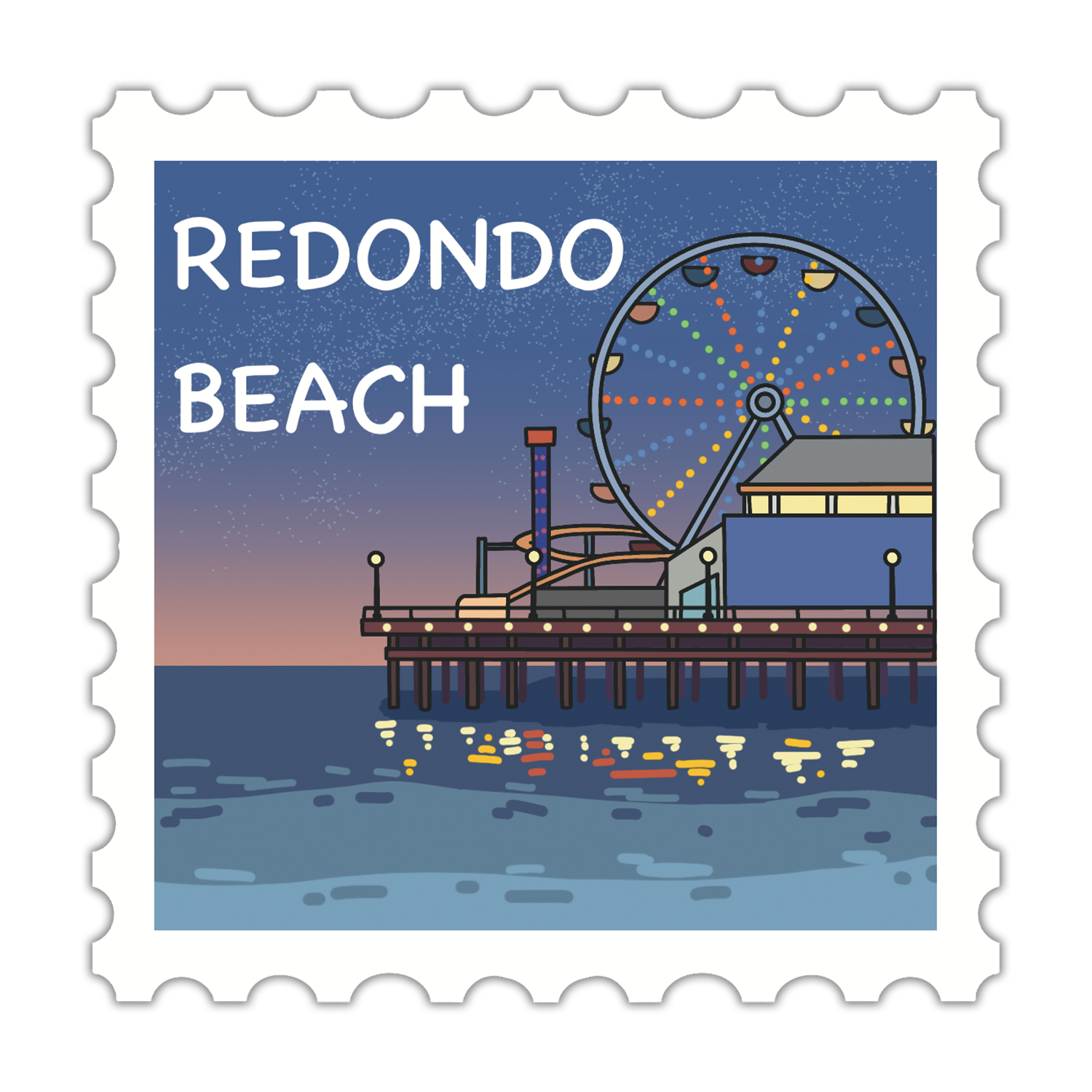 Illustration of Redondo Beach with a ferris wheel and pier on a blue and white background.