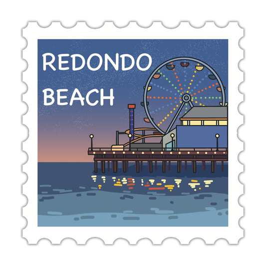 Illustration of Redondo Beach with a ferris wheel and pier on a blue and white background.