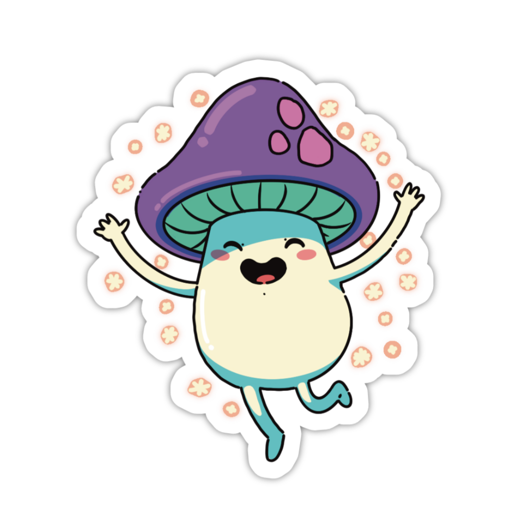 Cartoon mushroom character with a purple cap and blue body on a white background