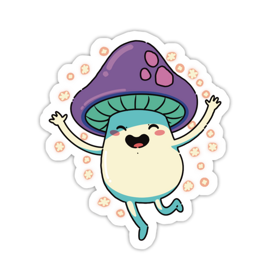 Cartoon mushroom character with a purple cap and blue body on a white background