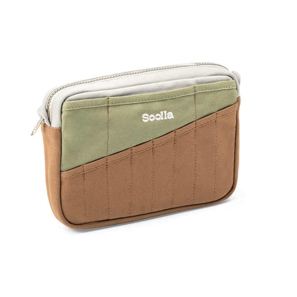 Multicolored pouch with 'Solla' branding on a white background