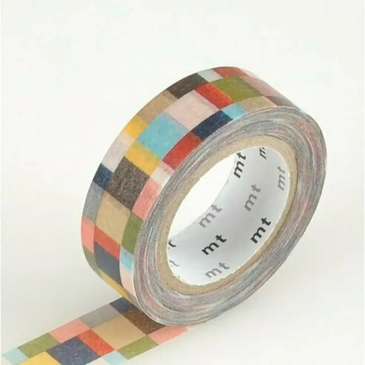 Multicolored checkered tape with 'mt' branding on a white background