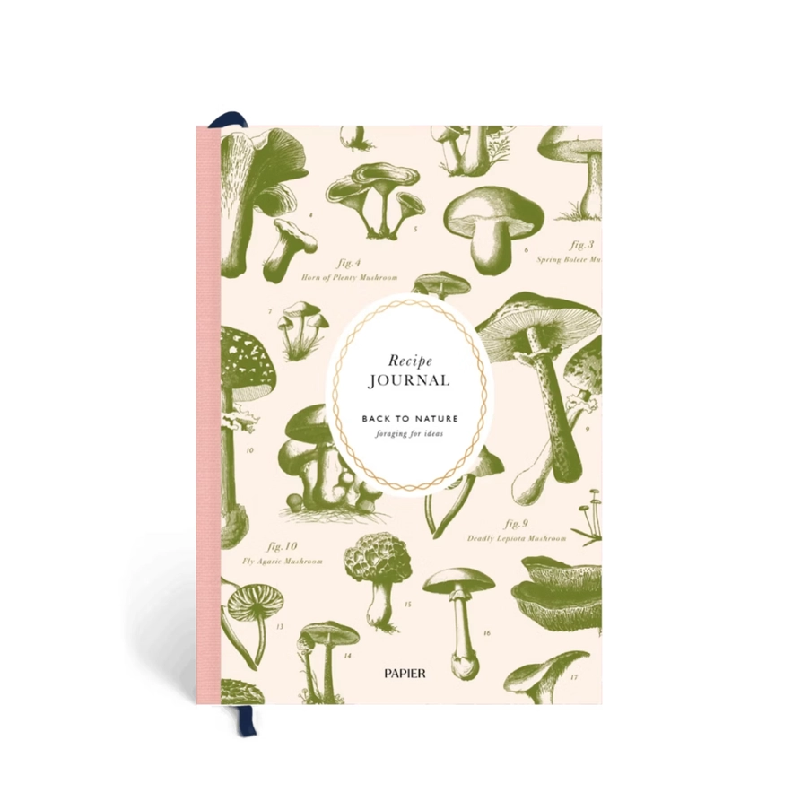Recipe journal with mushroom illustrations on a white background