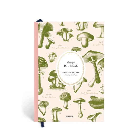 Recipe journal with mushroom illustrations on a white background