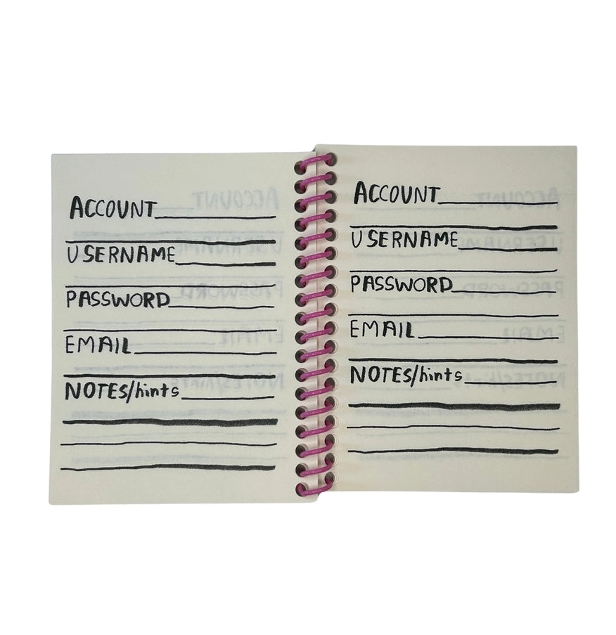 Notebook with password and account information entries on a white background