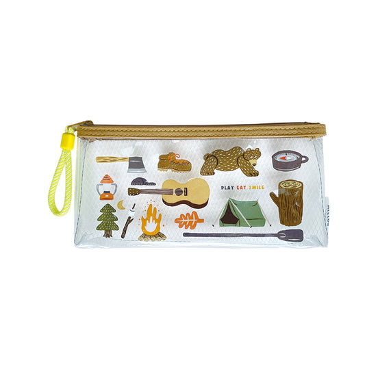 Clear pouch with camping-themed illustrations on a white background
