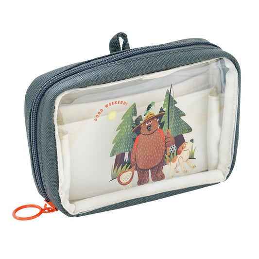 Small blue pouch with a cartoon bear design on a white background