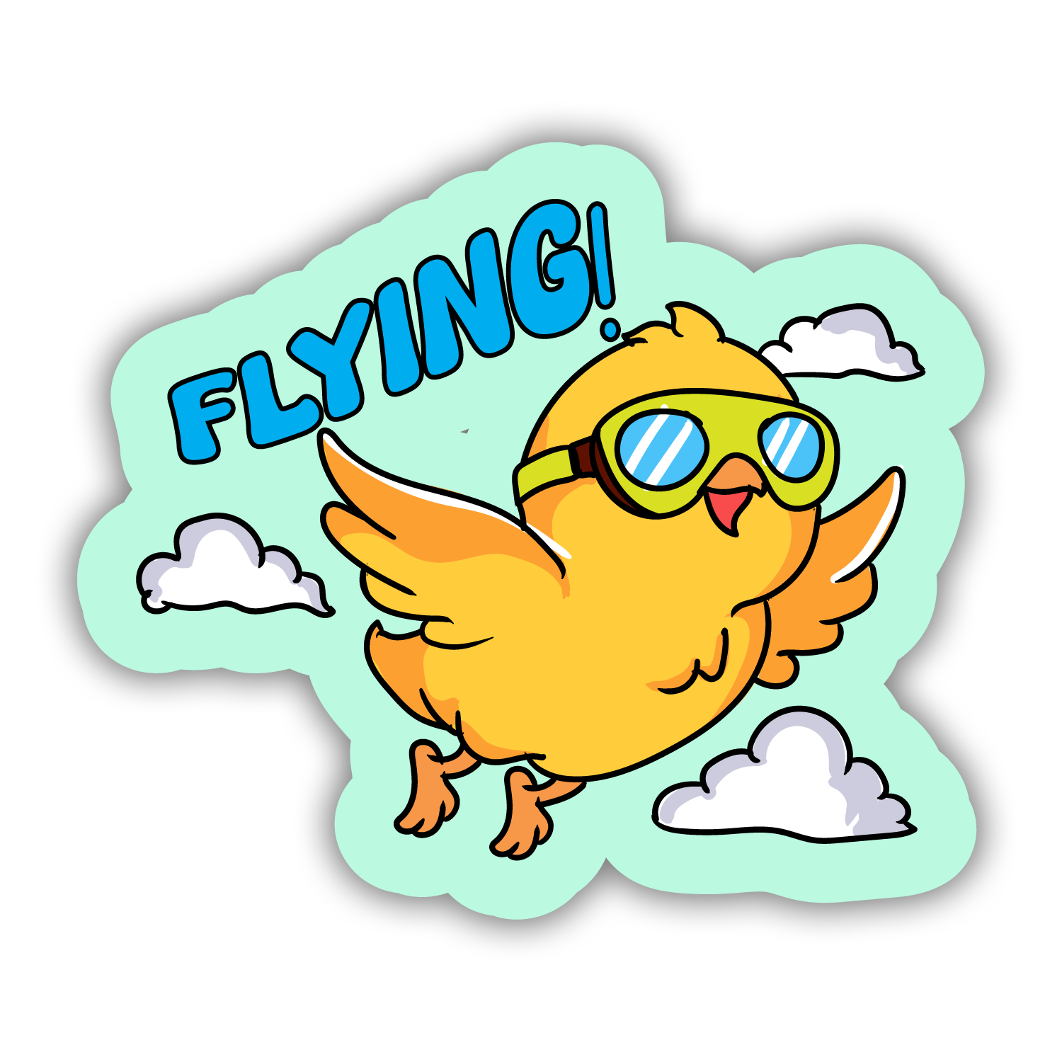 Cartoon bird with goggles and 'FLYING!' text on a light blue background