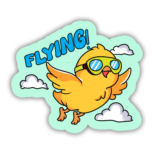 Cartoon bird with goggles and 'FLYING!' text on a light blue background