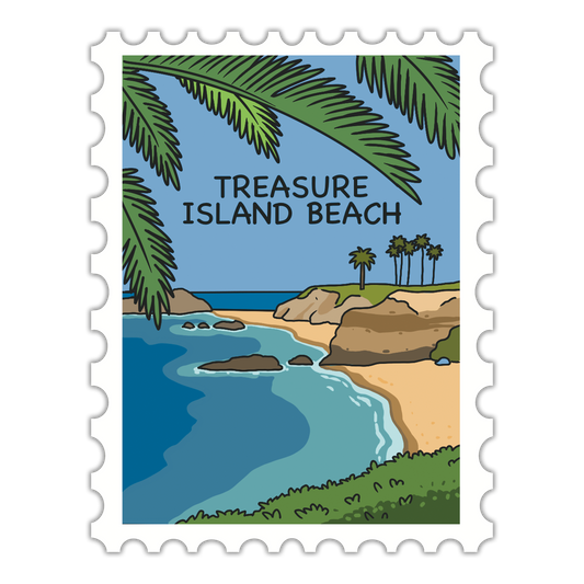 Illustration of Treasure Island Beach with palm trees and a beach scene.