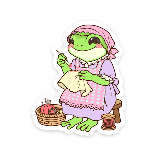 Illustration of a frog character in a dress and bonnet, engaged in sewing.