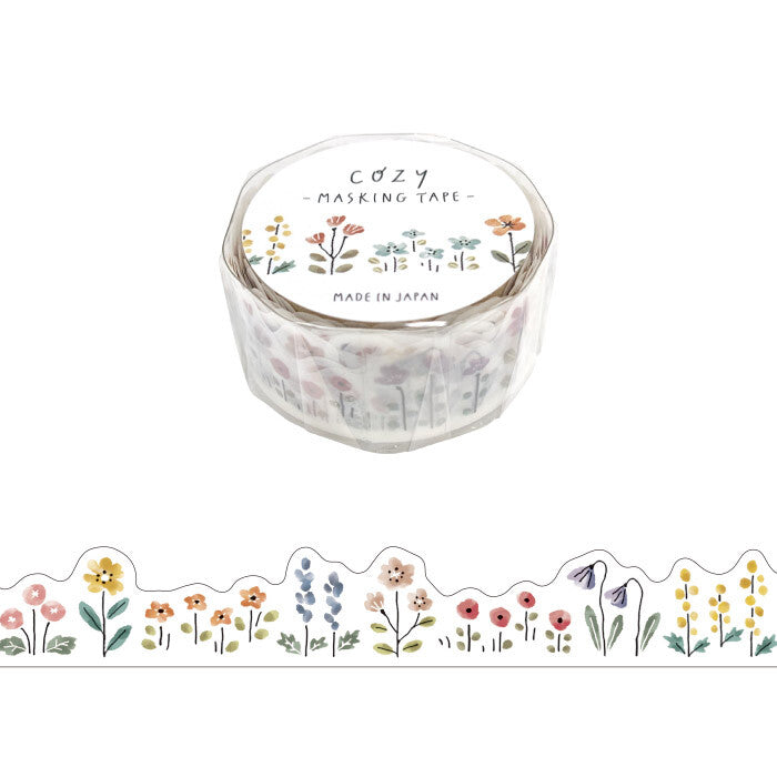 Masking tape with floral design and 'Cozy' branding on a white background