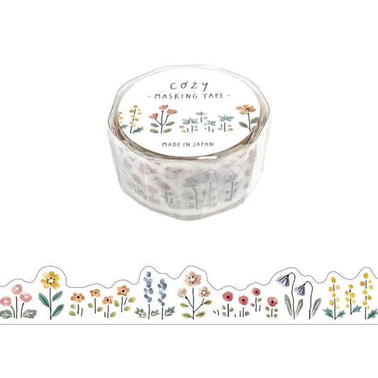 Masking tape with floral design and 'Cozy' branding on a white background
