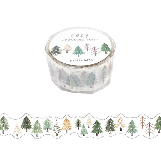 Roll of masking tape with tree design and 'Cozy' branding on a white background