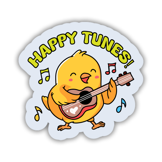 Sticker with a cartoon chick playing a guitar and 'Happy Tunes!' text on a white background