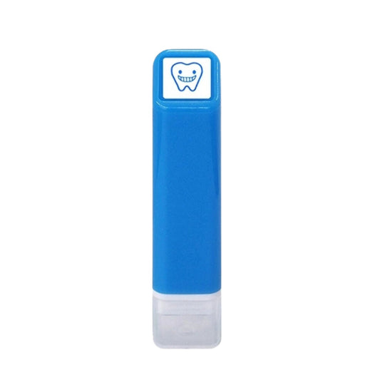 Blue and white stamp with a tooth graphic on a white background