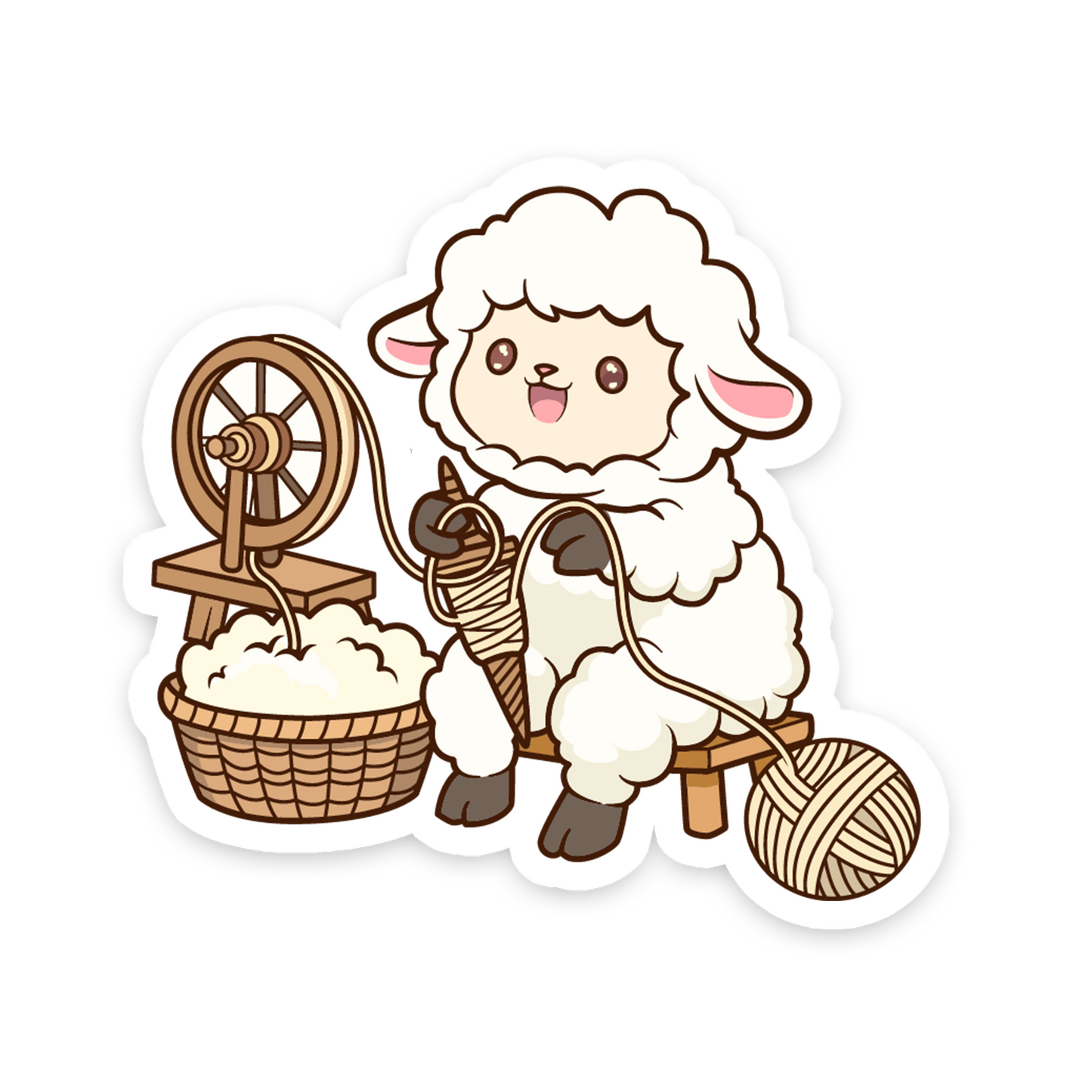 Cartoon sheep with a spinning wheel and yarn on a white background