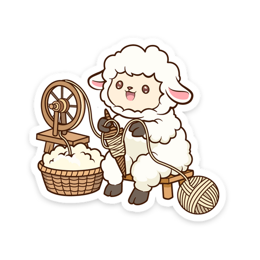 Cartoon sheep with a spinning wheel and yarn on a white background