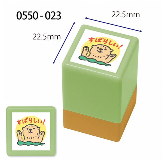 Green rubber stamp with cartoon design and measurements on a white background